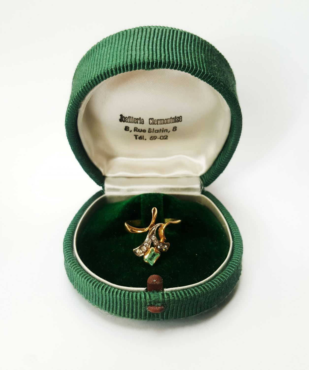 Vintage Belle Epoque Ring bezet met smaragd en diamanten - Goudcentrum.nl 